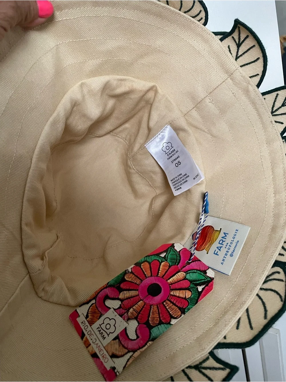 FARM Rio Beige Bucket Hat with Green Leaf Trim
